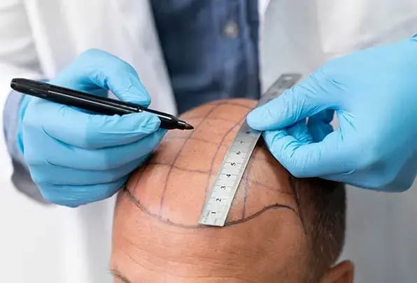 Doctor marking a planned hairline before a hair transplant