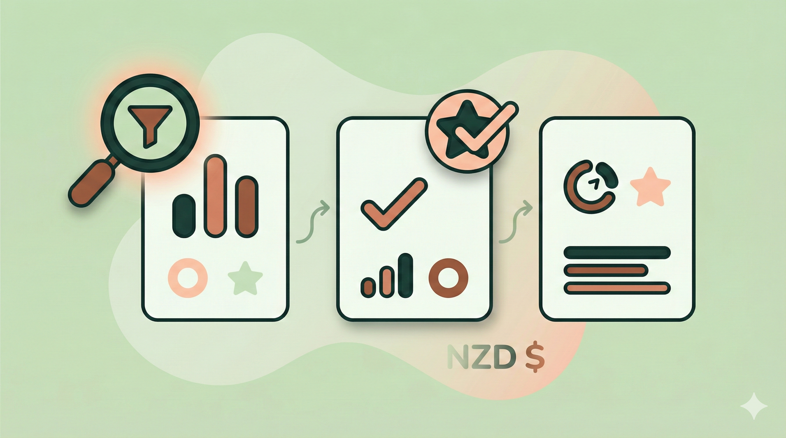 Flat minimal illustration of comparison cards and a magnifying glass symbolizing KiwiSaver provider evaluation for weight loss surgery funding.
