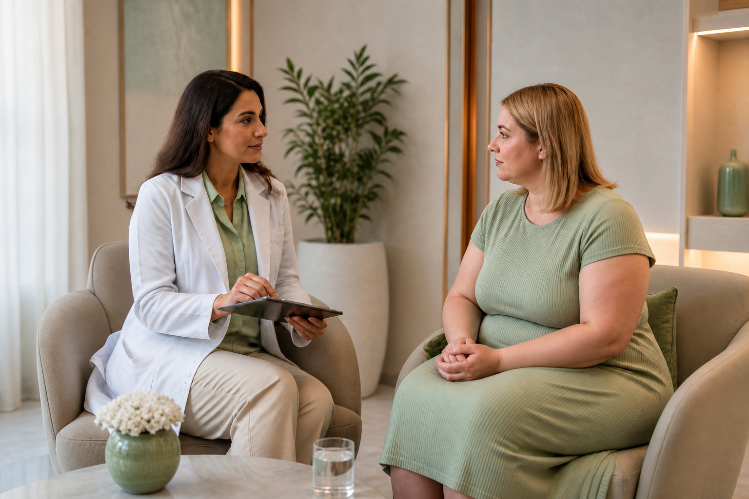 International patient consulting with surgeon in modern clinic