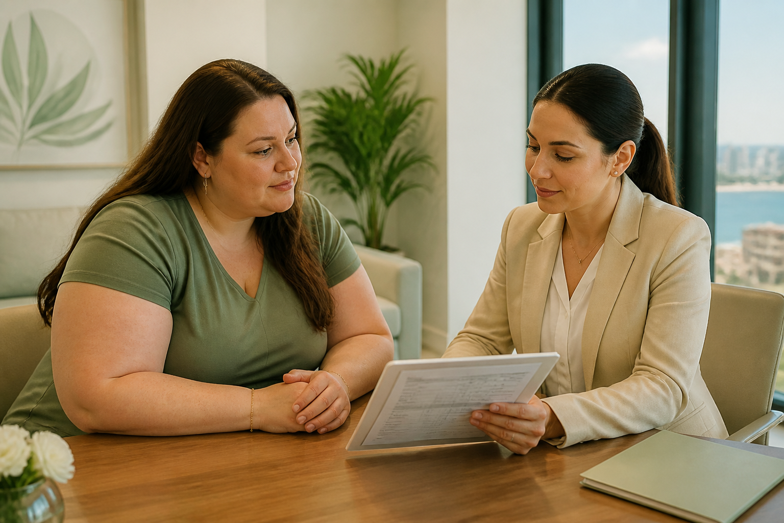 Patient reviewing treatment quote with coordinator in modern clinic